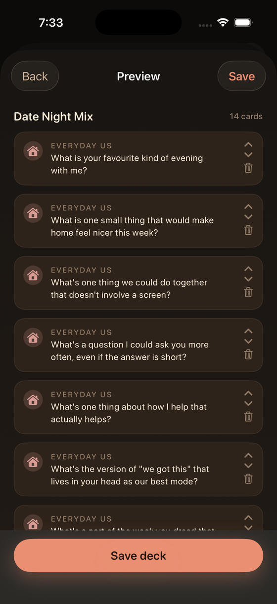 Building a custom Date Night deck inside Us Again