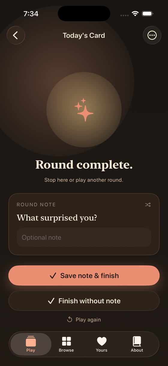A finished round in Us Again with an optional round note