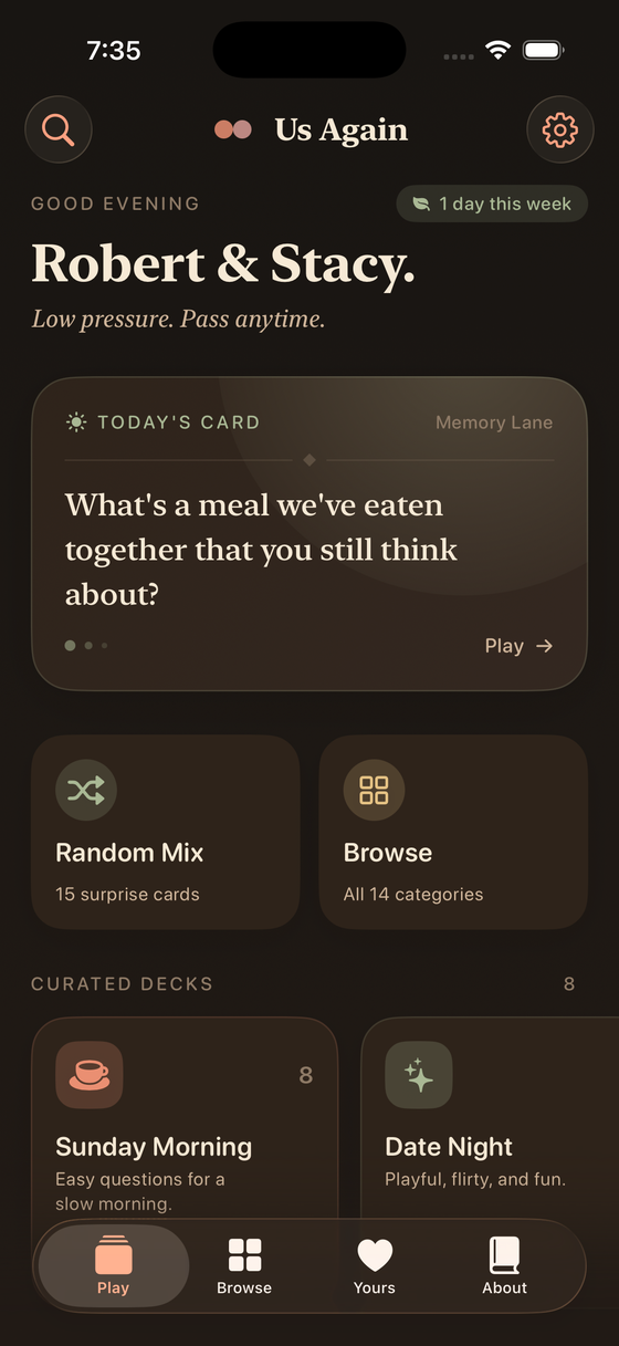 Us Again home screen showing Today's Card and curated decks