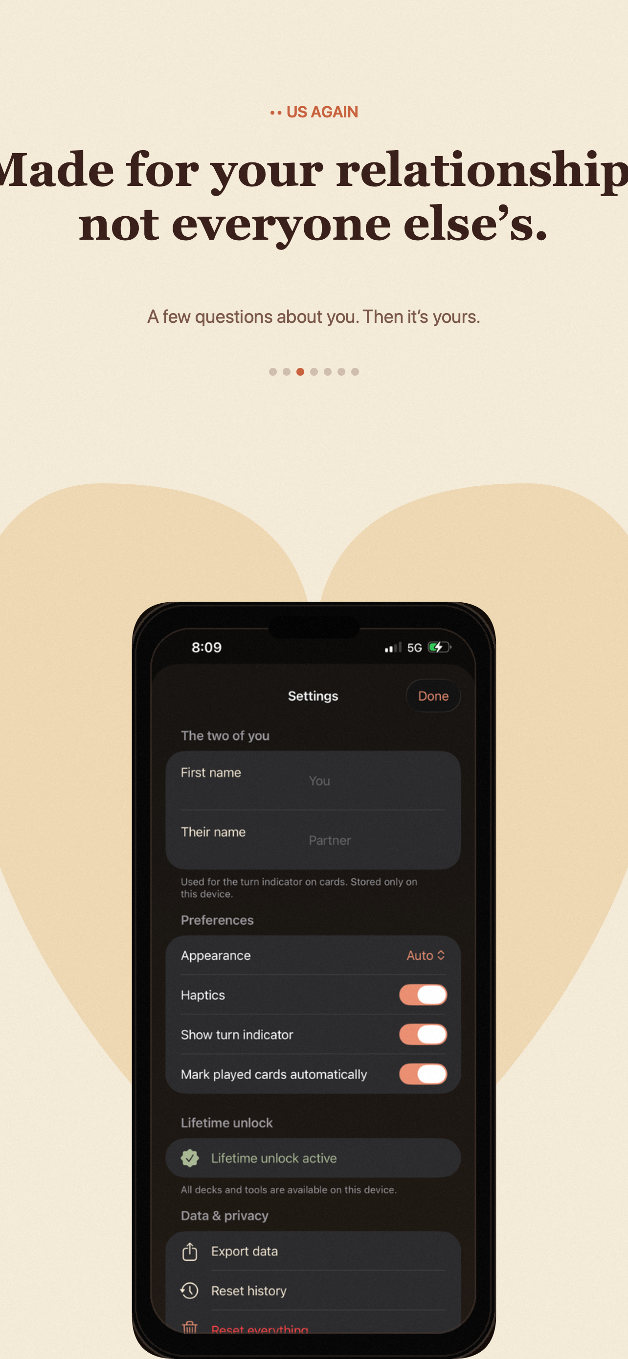 Us Again settings personalization marketing preview